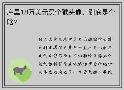 库里18万美元买个猴头像，到底是个啥？